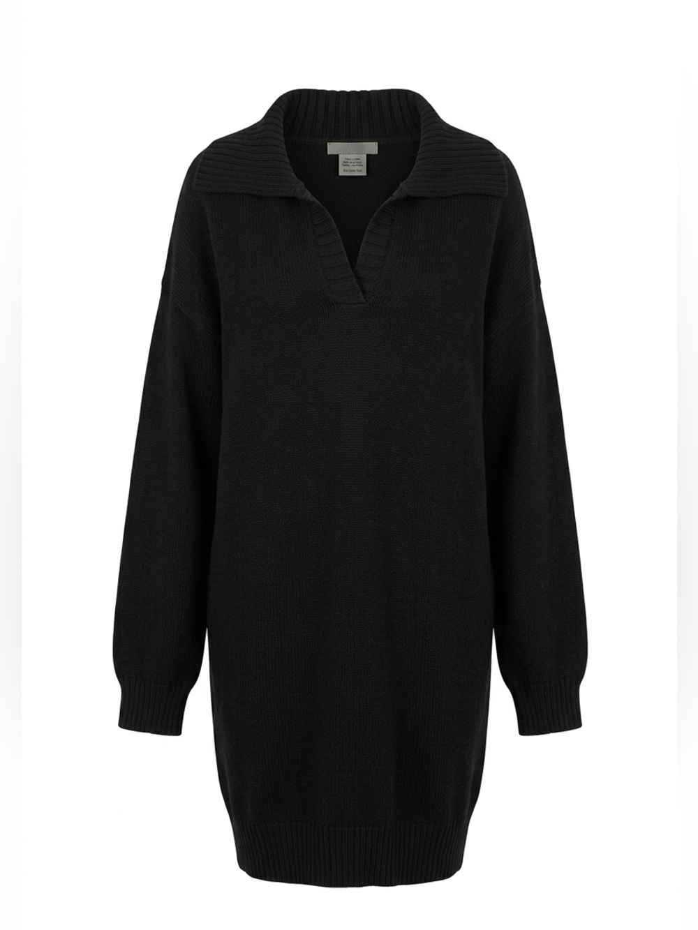 Black Collared V-Neck Knit Sweater Dress - Women's Turtleneck Style
